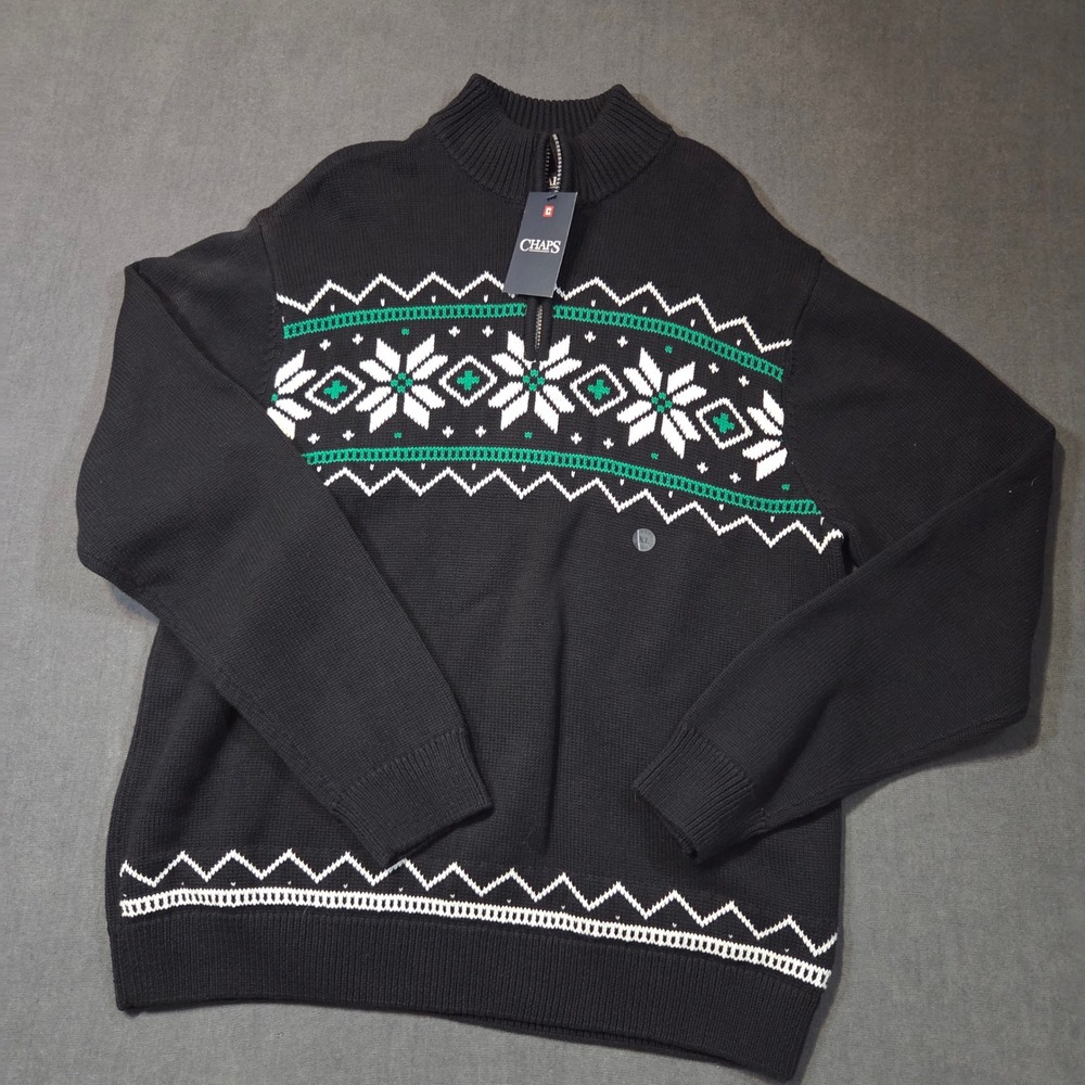 Chaps Quarter Zip Sweater Mens XL Black Fair Isle Snowflake Cotton Knit